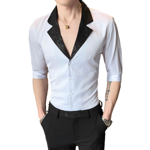 2025春夏男中袖衬衫英伦风个性衬衣修身款拼接潮男款H752-P55控75图片