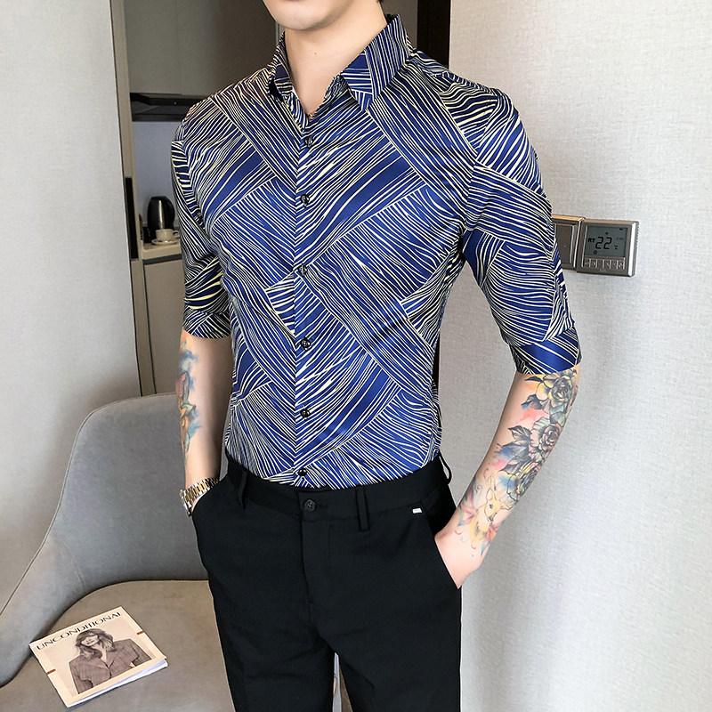2021春夏男衬衫中袖条纹衬衣青年商务衬衫潮流花衬衫时尚H710,男装衬衫,星座419（原A233）