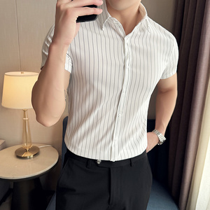 春夏短袖衬衫 男高级感英伦休闲衬衣 条纹短袖衬衫A233-DJ02-P60图片