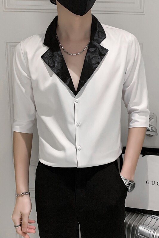 2025春夏男中袖衬衫社会风潮流拼接衬衣个性西装领H752-P55控75,男装西服套装,星座419（原A233）