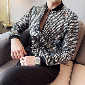 男生个性时尚防晒衣 夜店潮男薄夹克外套银色亮片演出服A17-P65图片