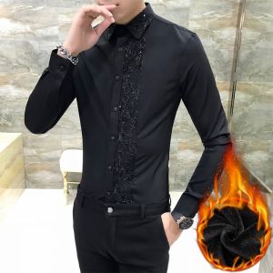 男秋冬英伦风纯色加绒衬衫修身网红加厚保暖上衣潮A068-H278特图片