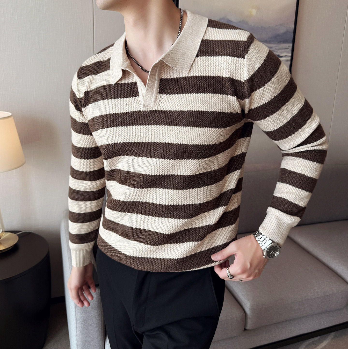 男士秋冬翻领毛衣~潮流撞色条纹毛衣~小V领针织衫419-S98002-P55,男装针织衫/毛衣,星座419（原A233）