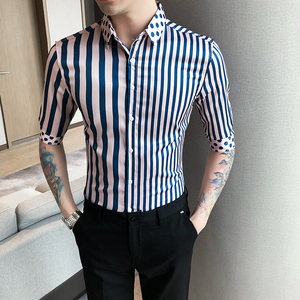 2021春夏男衬衫中袖条纹衬衣青年商务衬衫波点花衬衫时尚H712图片