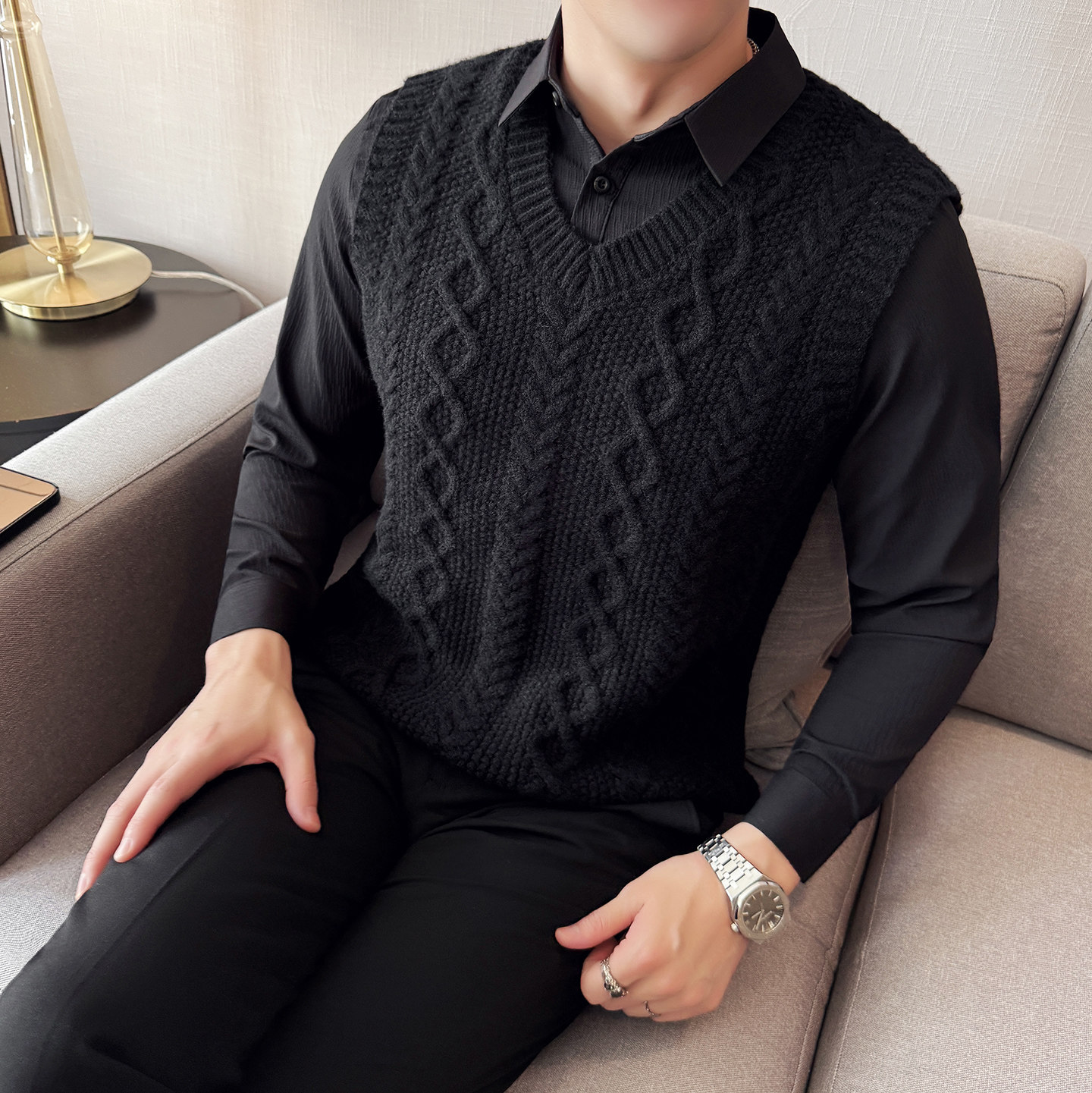男士假两件毛衣潮流拼接衬衫领毛衣~秋冬撞色假两件419-S8811-P79,男装衬衫,星座419（原A233）
