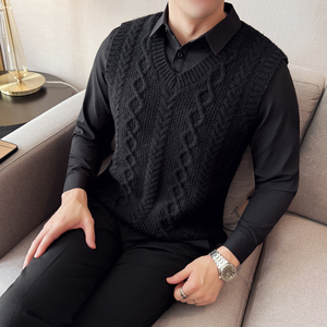 男士假两件毛衣潮流拼接衬衫领毛衣~秋冬撞色假两件419-S8811-P79图片