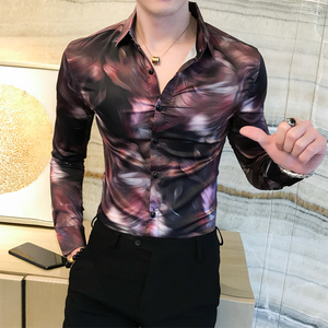 20秋男衬衫英伦长袖上衣印花男装韩版修身四季暗花色衬衣H485图片