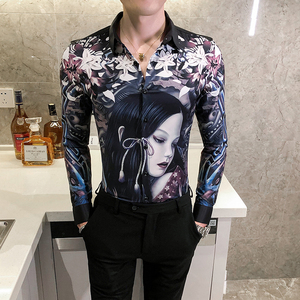 2021秋男衬衫英伦长袖上衣印花男装韩版修身四季印花衬衣H601-P55图片