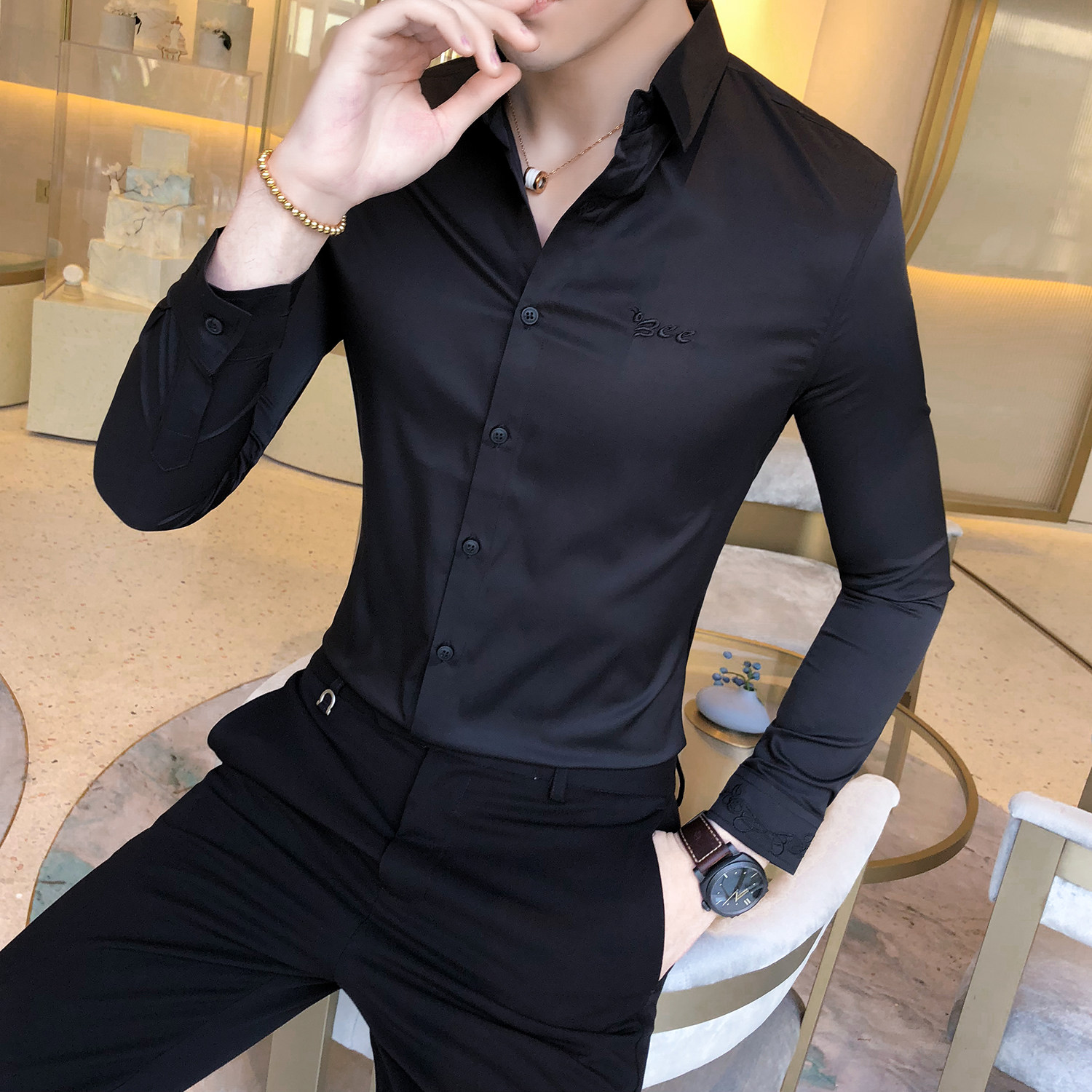 四季款男青年英伦风长袖衬衫纯色男士百搭修身衬衫102A-BF02特,男装衬衫,星座419（原A233）