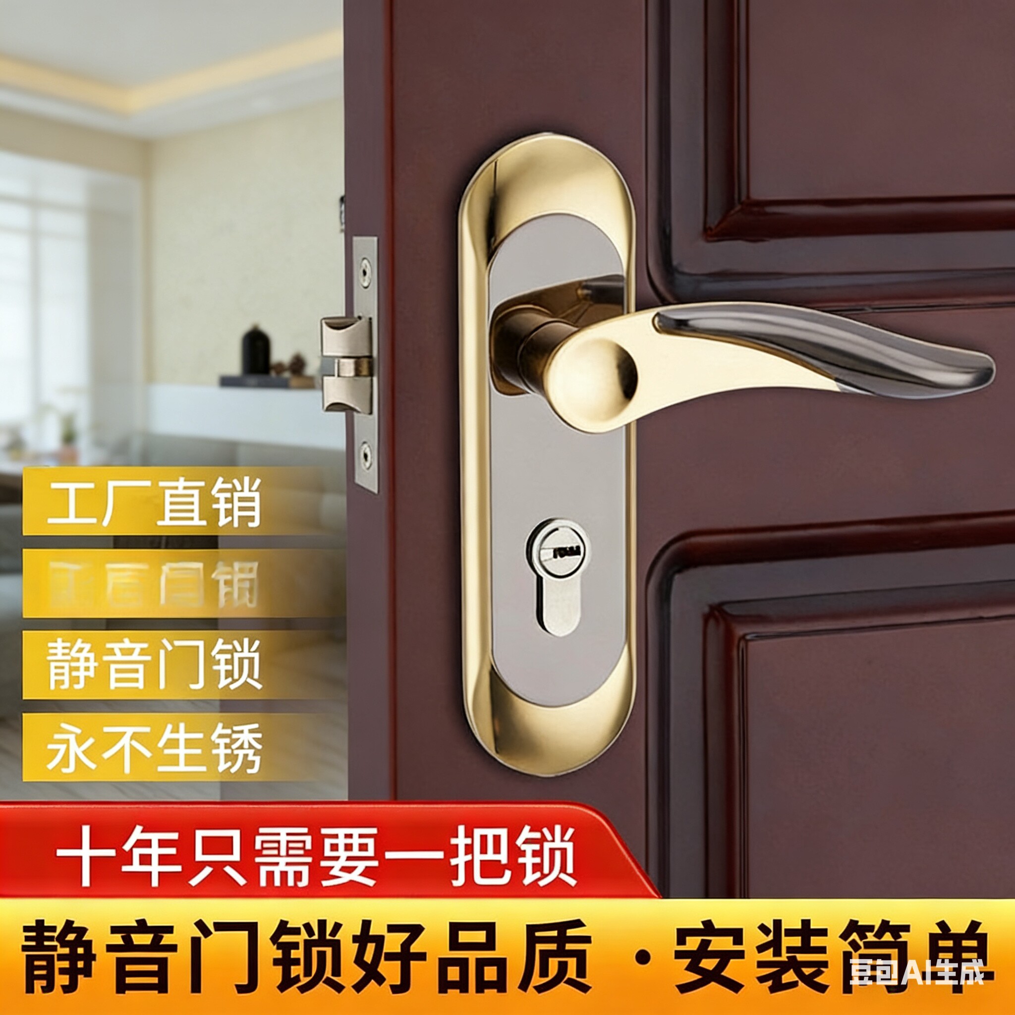 单舌门锁家用卧室通用型房间室内房门木门锁具门把手老式换锁手柄 - 实物图