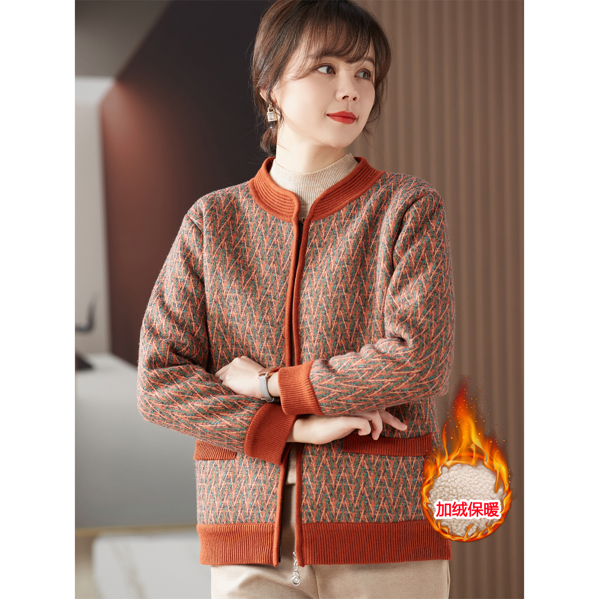 喜卉妈妈秋装加绒外套中老年女装2025新款秋冬毛衣中年洋气质上衣