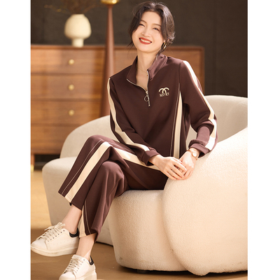 喜卉妈妈春装休闲运动套装洋气减龄中老年女装刺绣上衣裤子两件套