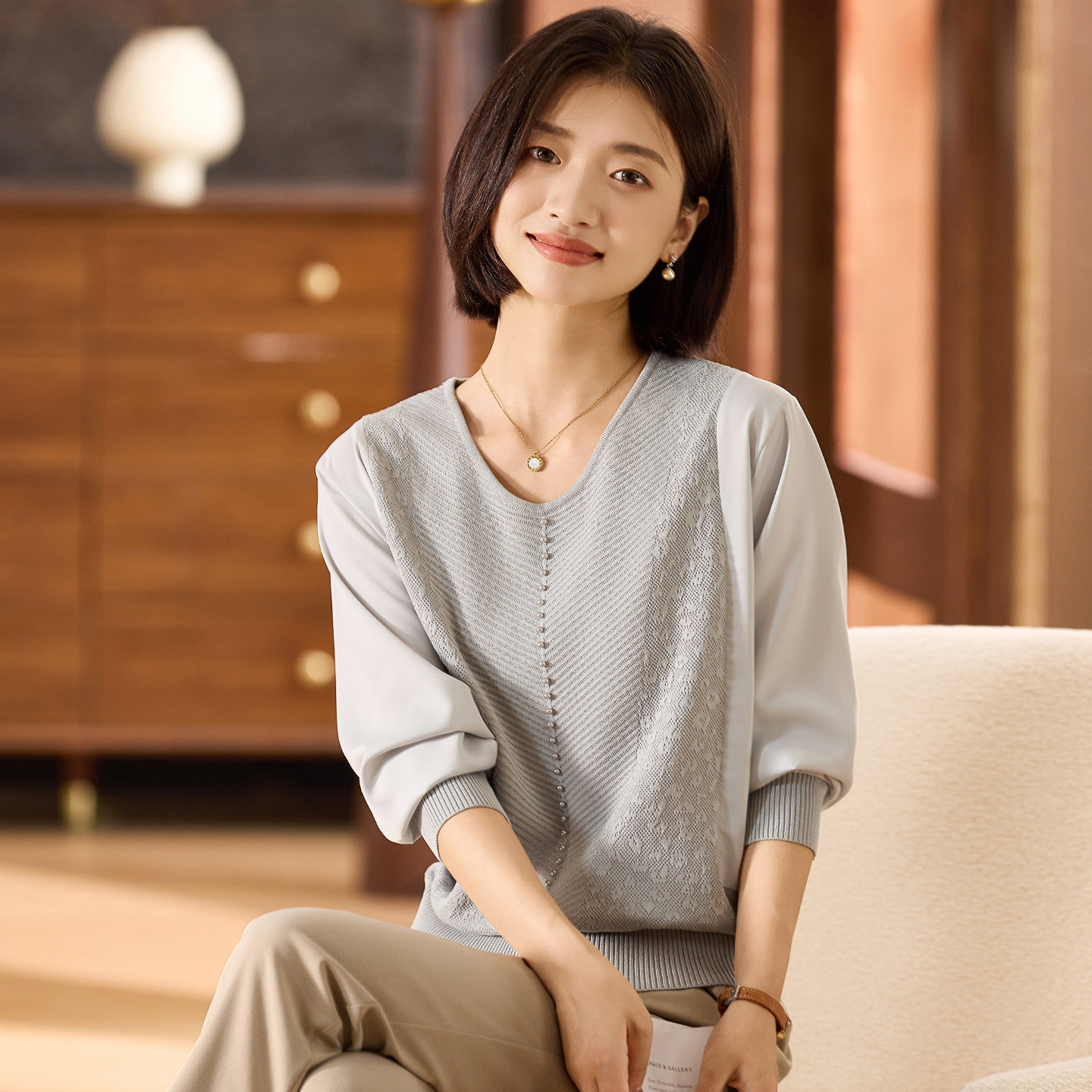 喜卉妈妈秋装洋气减龄针织小衫中老年女装春秋季纱袖打底上衣宽松