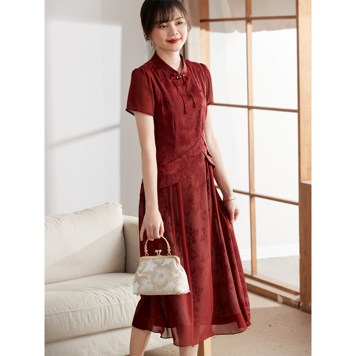 喜卉妈妈夏装改良旗袍连衣裙2024新款女夏季喜婆婆婚宴装礼服裙子