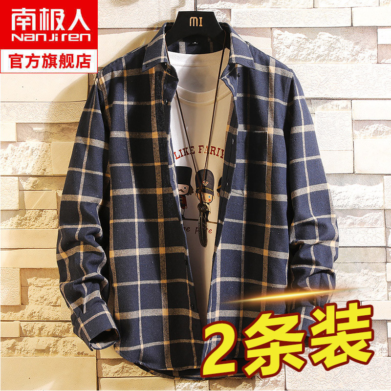 南极人格子衬衫男长袖韩版潮流帅气宽松港风ins日系衬衣男士外套