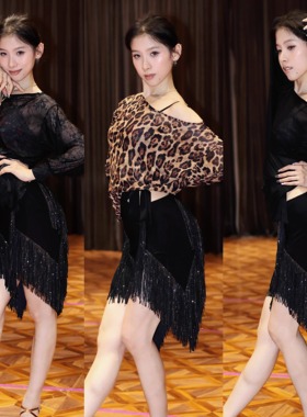 Loyal秋季新款网纱罩衫长袖拉丁上衣百搭遮肉黑色豹纹高级女