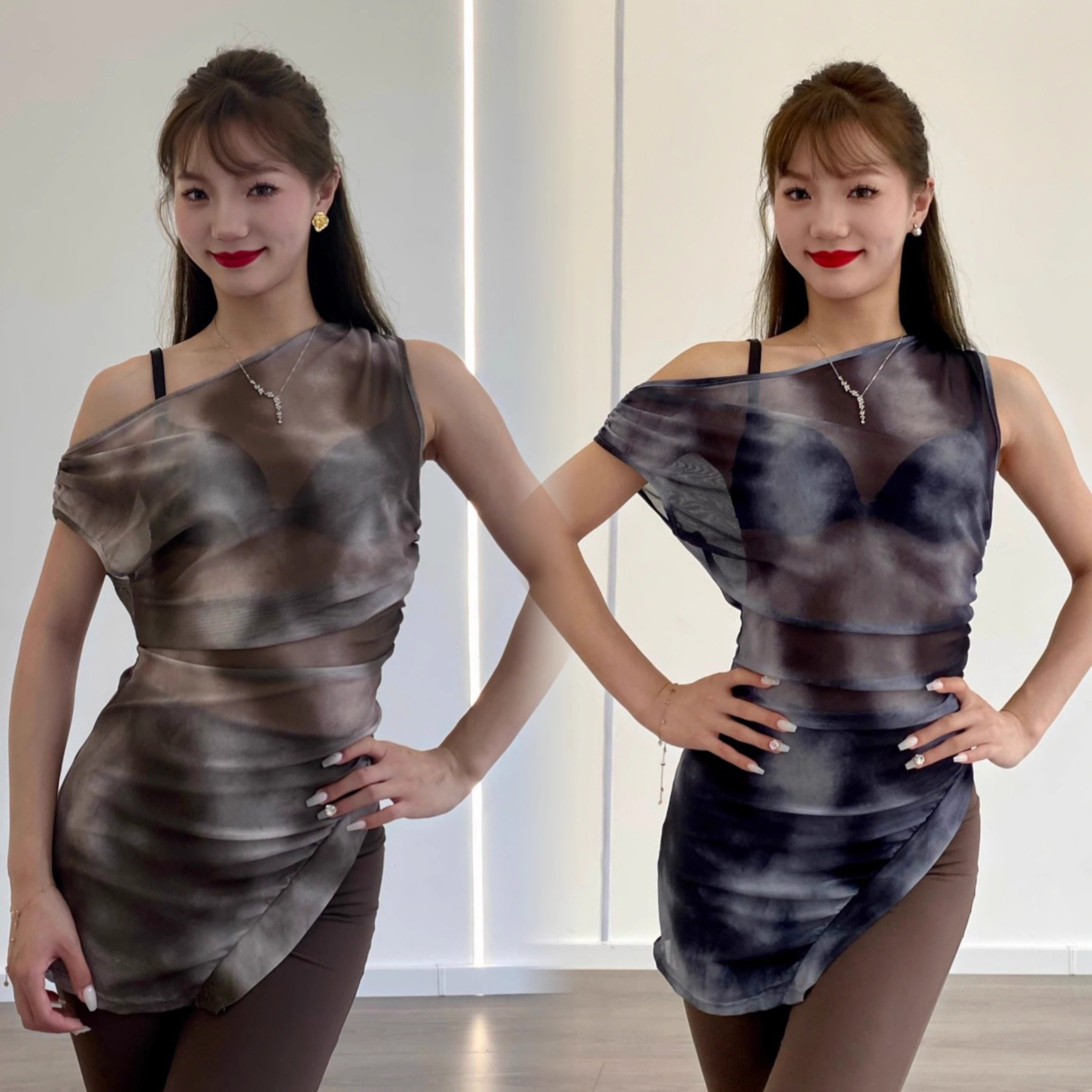鲸艺Dance拉丁舞服教师无袖开叉包臀修身显瘦印花大衫练舞夏季