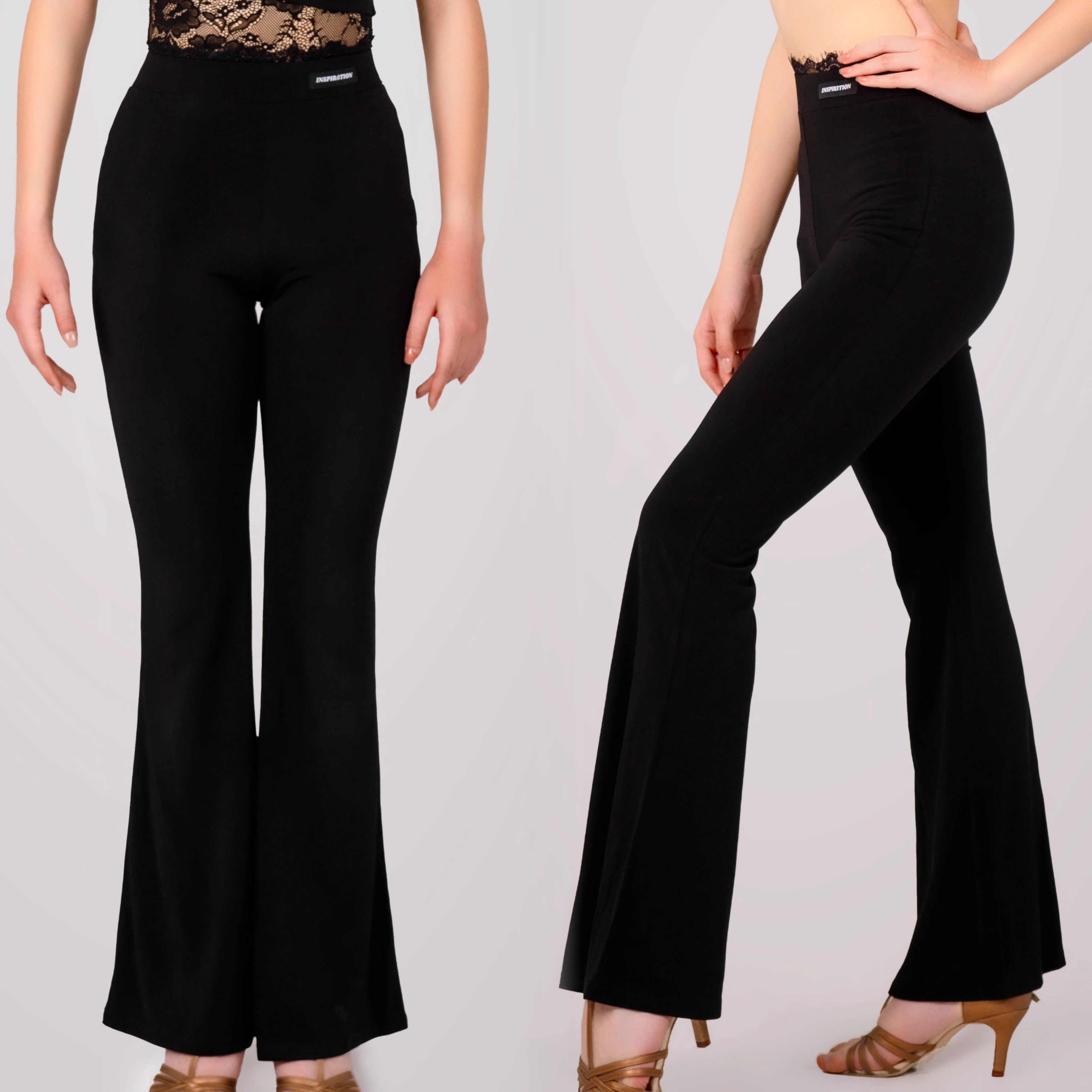 INSPIRATION夏季新款拉丁裤专业教课喇叭裤黑色拼接蕾丝显瘦百搭