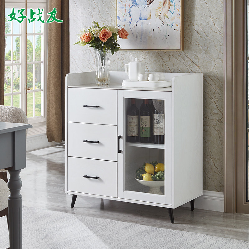 岩板餐边柜现代简约家用茶水柜轻奢白色一体靠墙客厅玻璃储物柜子