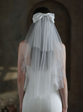 V848森系缎布蝴蝶结新娘头纱 白色双层领证登记拍照道具求婚头饰