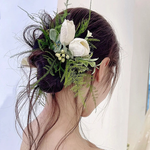 森系小清新娘发饰 超仙仿真花盘发造型外景礼服拍照道具发夹头饰