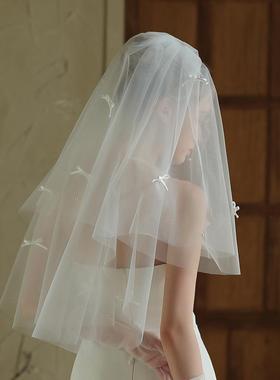 V374超仙手工蝴蝶结新娘头纱双层白色领证登记头饰求婚礼拍照道具