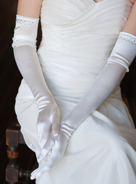 WG177复古简约缎面新娘手套 白色闪钻长款婚纱礼服道具晚宴会配饰