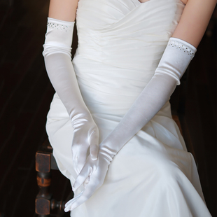 WG177复古简约缎面新娘手套 白色闪钻长款婚纱礼服道具晚宴会配饰