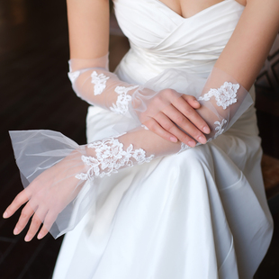 WG169超仙优雅新娘婚纱手套 婚纱礼服晚宴造型 蕾丝褶皱花边长款