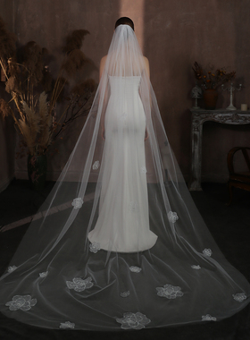 V326新娘头纱 白色单层超仙蕾丝花朵婚礼旅拍照长款拖尾结婚头饰