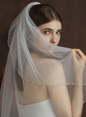 V318精美手工串珠新娘头纱 超仙白色婚礼领证登记旅拍高级感头饰