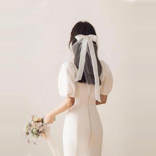 拍照道具头饰 超仙白色短款 V664法式 蝴蝶结领证登记求婚新娘头纱