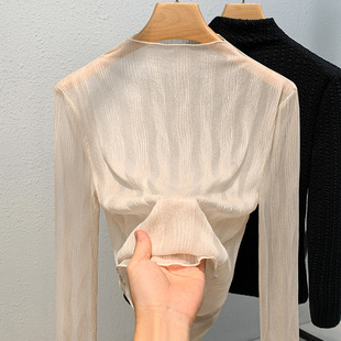 超薄网纱打底衫女半高领春秋2026年新款超洋气欧货小衫雪纺上衣女