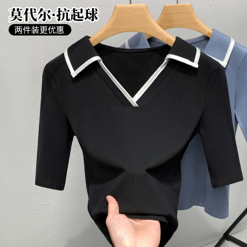 半袖女t恤复古翻领打底衫夏季新款莫代尔v领中袖黑色polo领上衣女