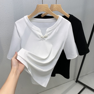 国风短袖T恤女2025新款设计感修身新中式女装高端小V领中袖上衣