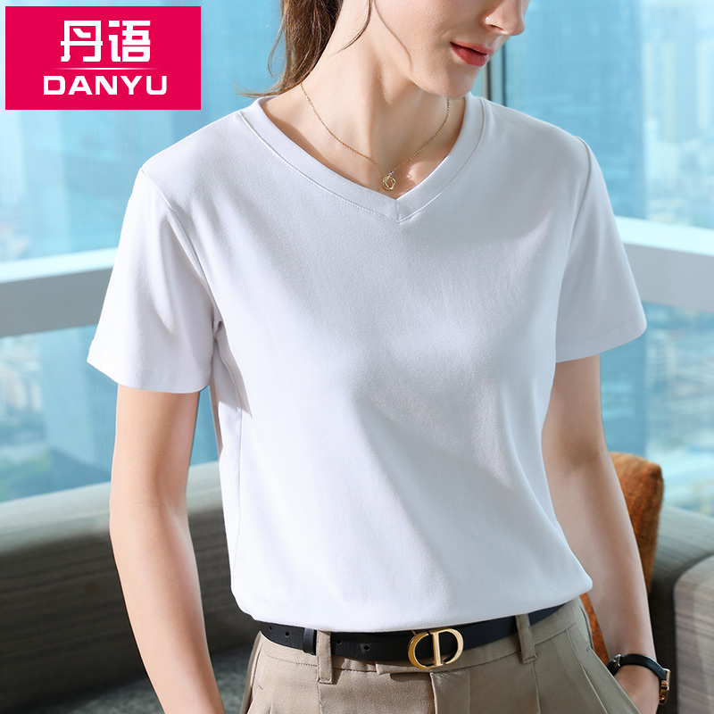 纯棉短袖t恤女2025新款夏季正肩宽松显瘦白色体恤V领上衣女高级感