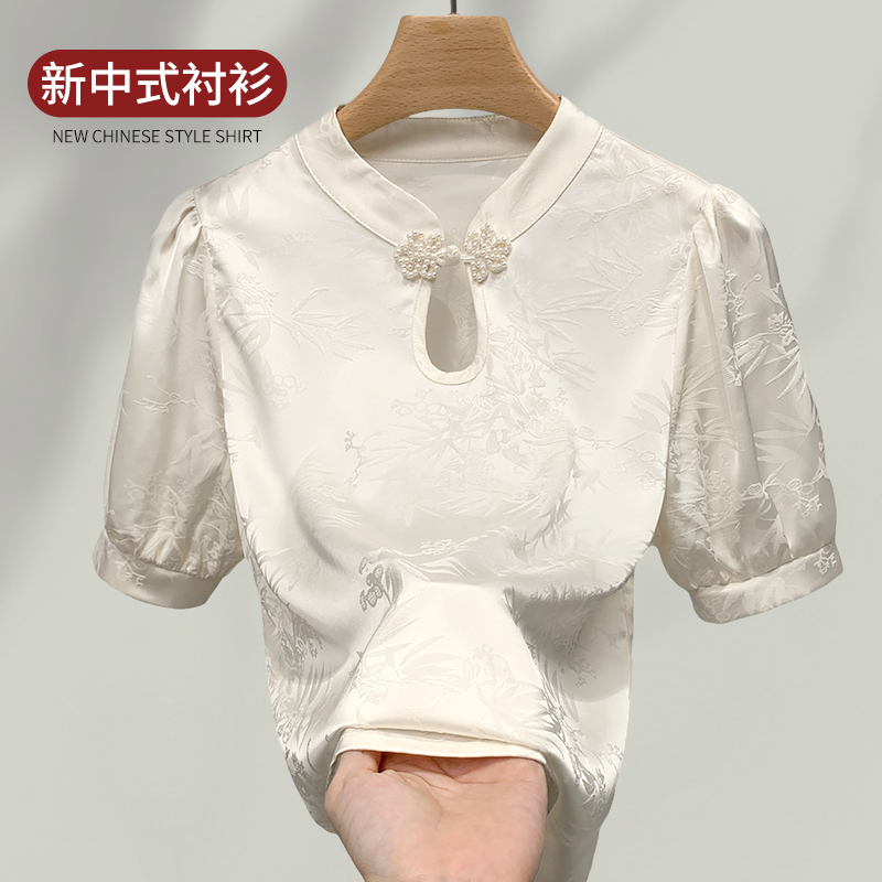 新中式国风衬衫女高级感衬衣2025新款夏季缎面雪纺泡泡袖短袖上衣