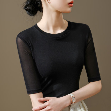 黑色网纱t恤女中袖2026新款秋季穿搭遮肉修身打底衫圆领薄款上衣