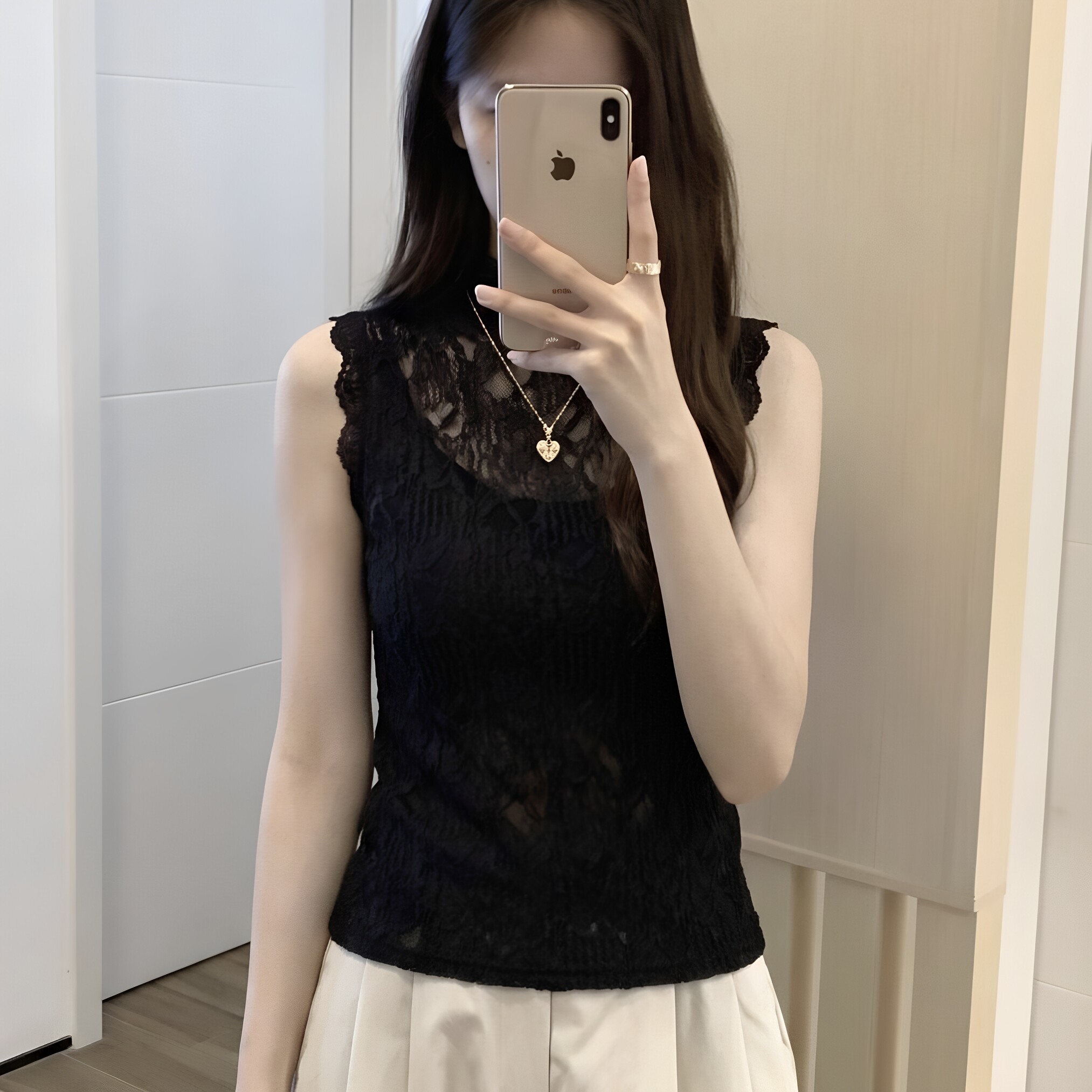 高领蕾丝背心女无袖打底高端上衣