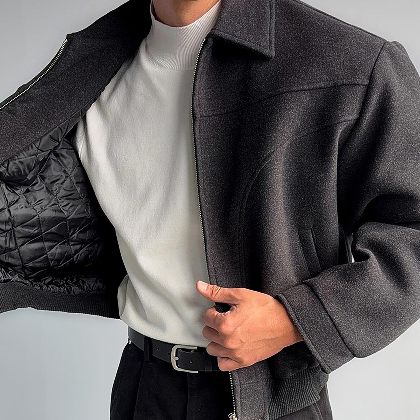 LOOKNFIT韩版男装夹克简约风翻领短款上衣冬季宽松百搭拉链外套