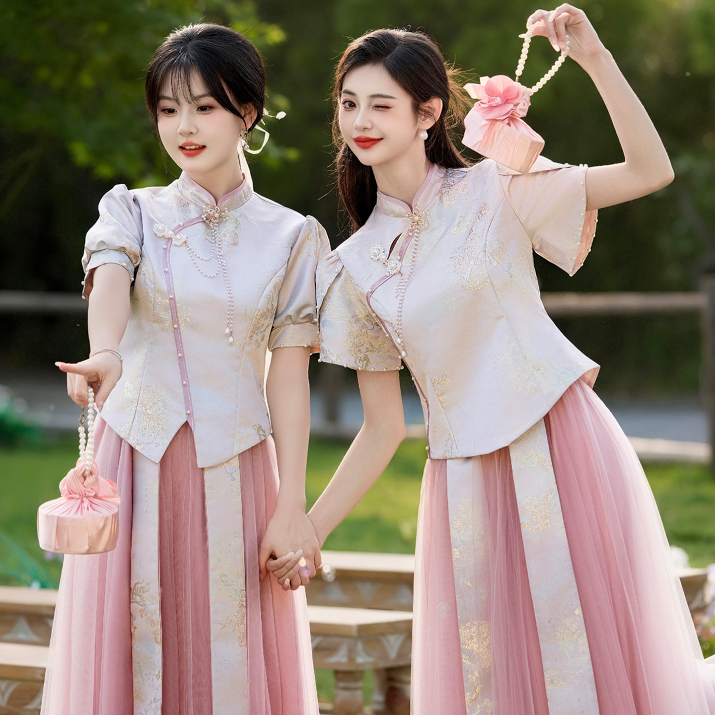 中式伴娘服2026新款夏季粉色大码胖mm姐妹团婚礼秀禾伴娘裙小个子