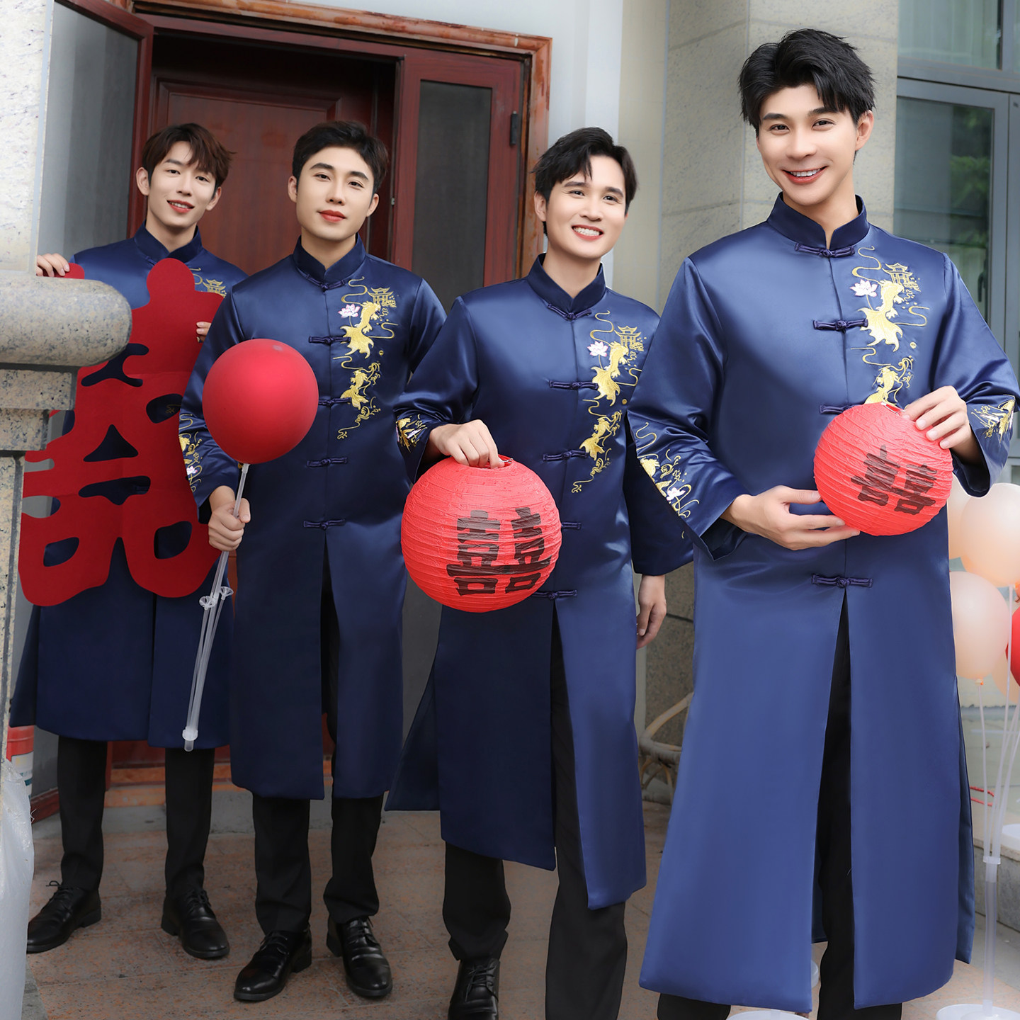 伴郎服中式夏季结婚礼服接亲唐装长袍相声服大褂大码兄弟团服装男