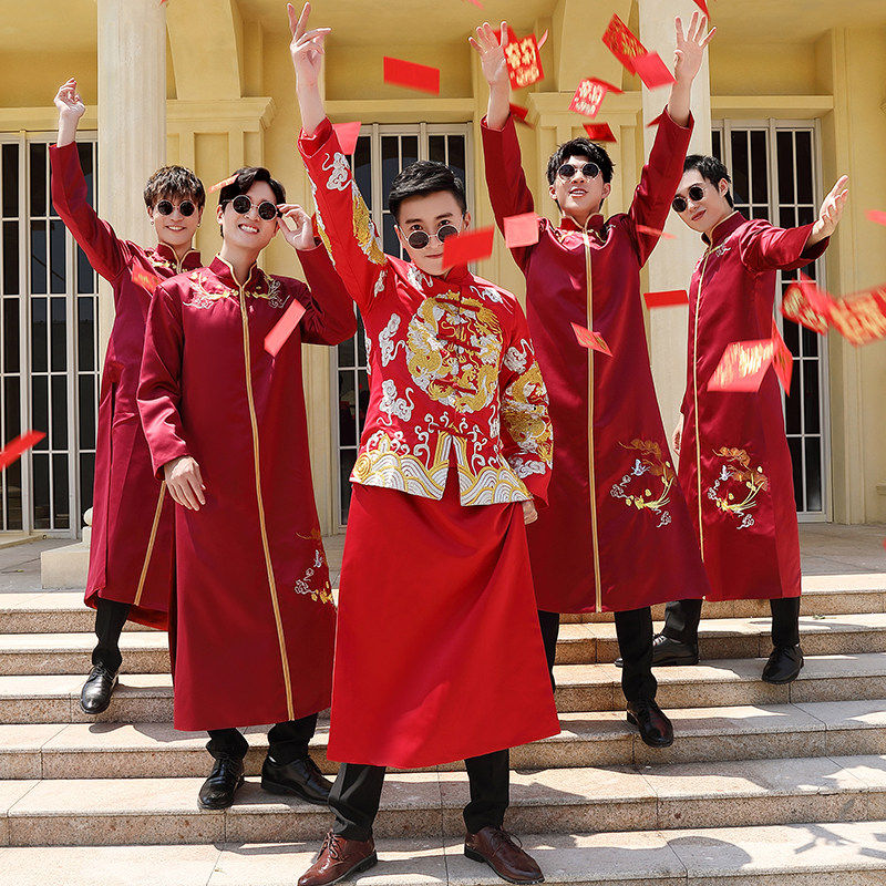 伴郎服租赁兄弟装中式中国风结婚搞笑唐装马褂相声服大码礼服出租