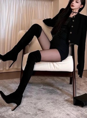辣妹尖头绒面过膝长靴子女2025秋冬加绒高跟弹力靴瘦瘦靴长筒女靴