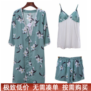 冰丝七分袖睡袍带胸垫吊带短裤三件套家居服梭织仿真丝睡衣女春夏