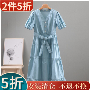 朵家去标折扣夏季女V领衬衫连衣裙短袖中长款收腰简约气质宽松