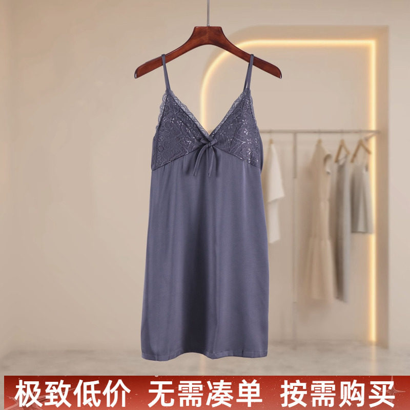 夏季蕾丝吊带V领深灰睡裙图片