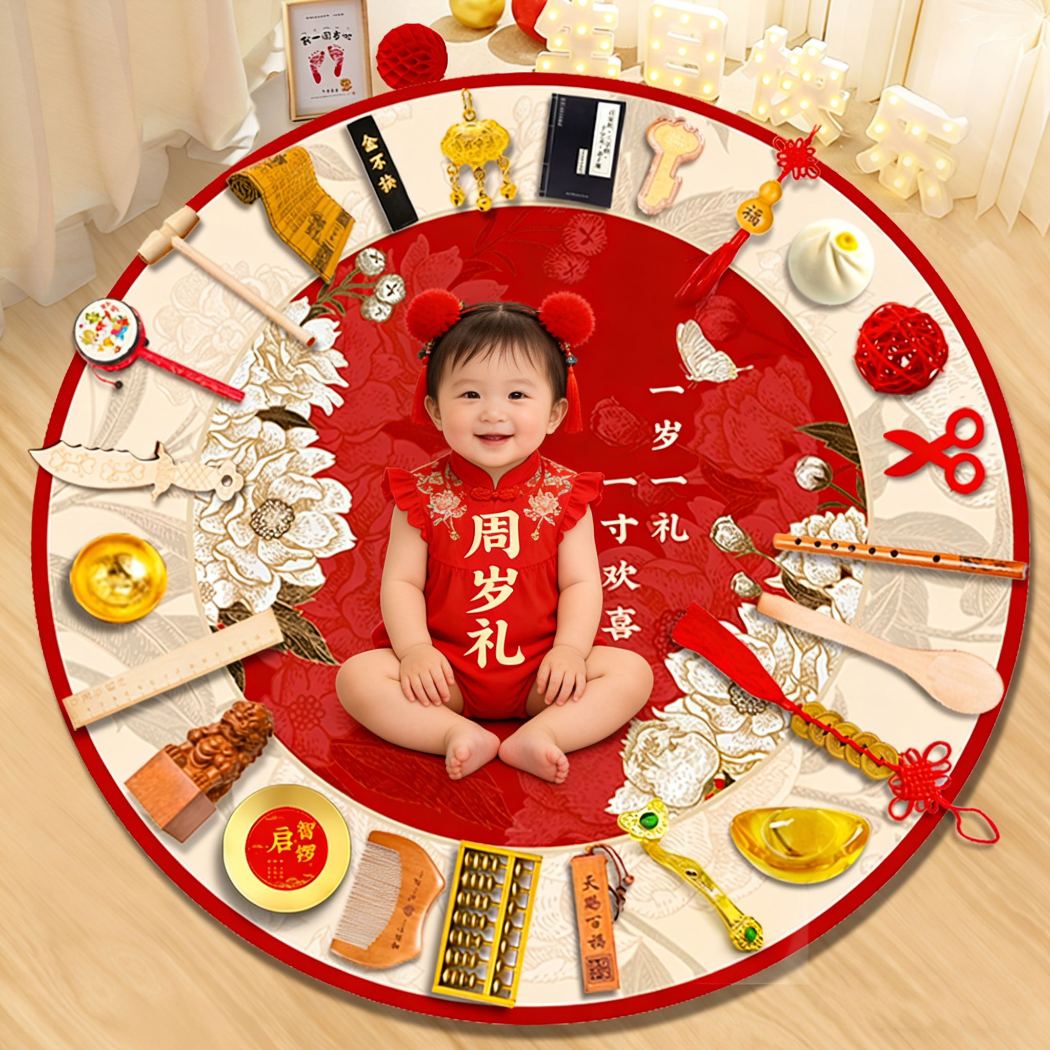 抓周用品套装小男孩女宝宝一周岁生日礼物现代抓阄道具中式布置