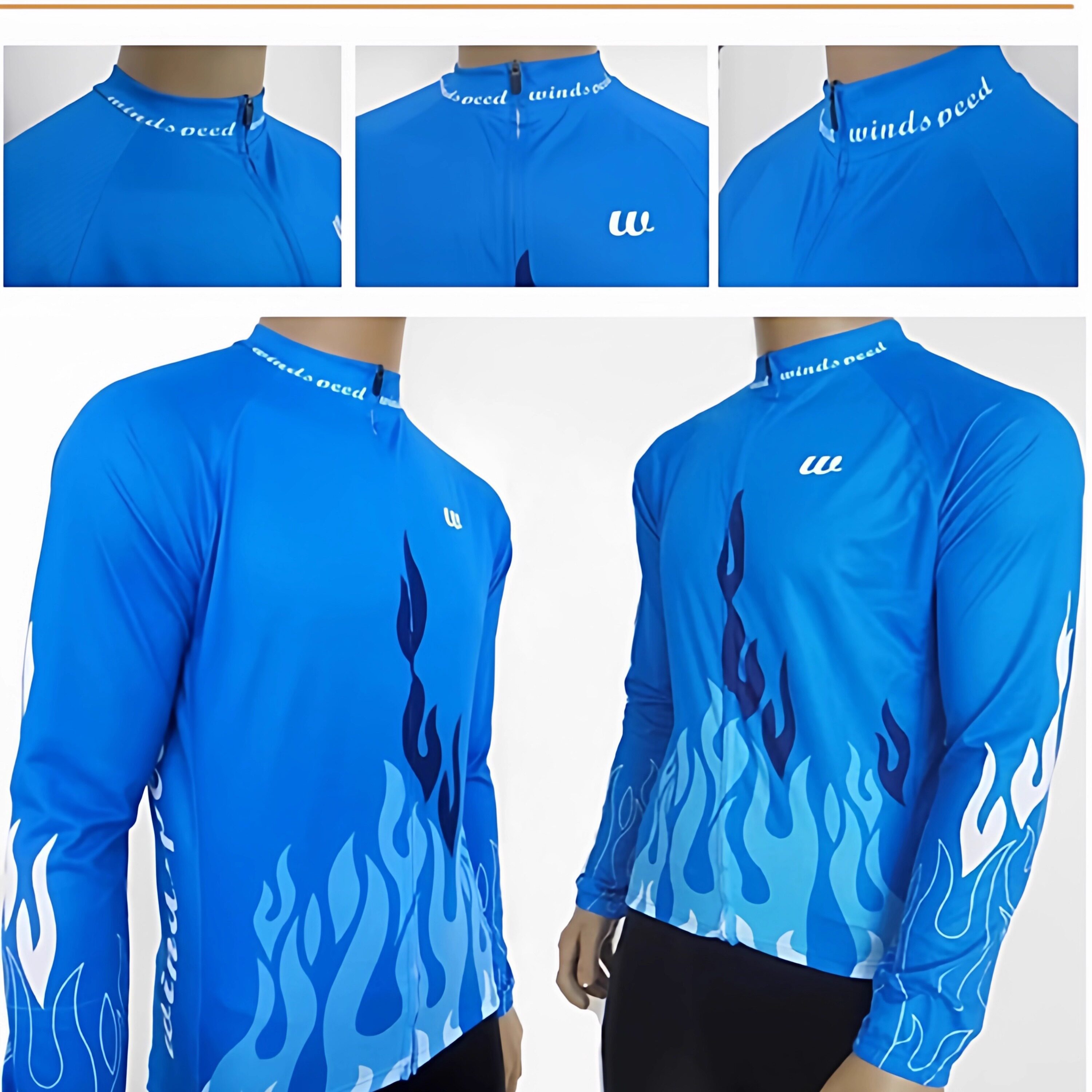 春夏618特价骑行服套装男长袖蓝色火焰骑行服长袖骑行套装自行车