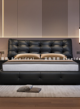 蓝色理想大黑熊黑色真皮床意式极简内嵌款主卧大床双人床储物婚床